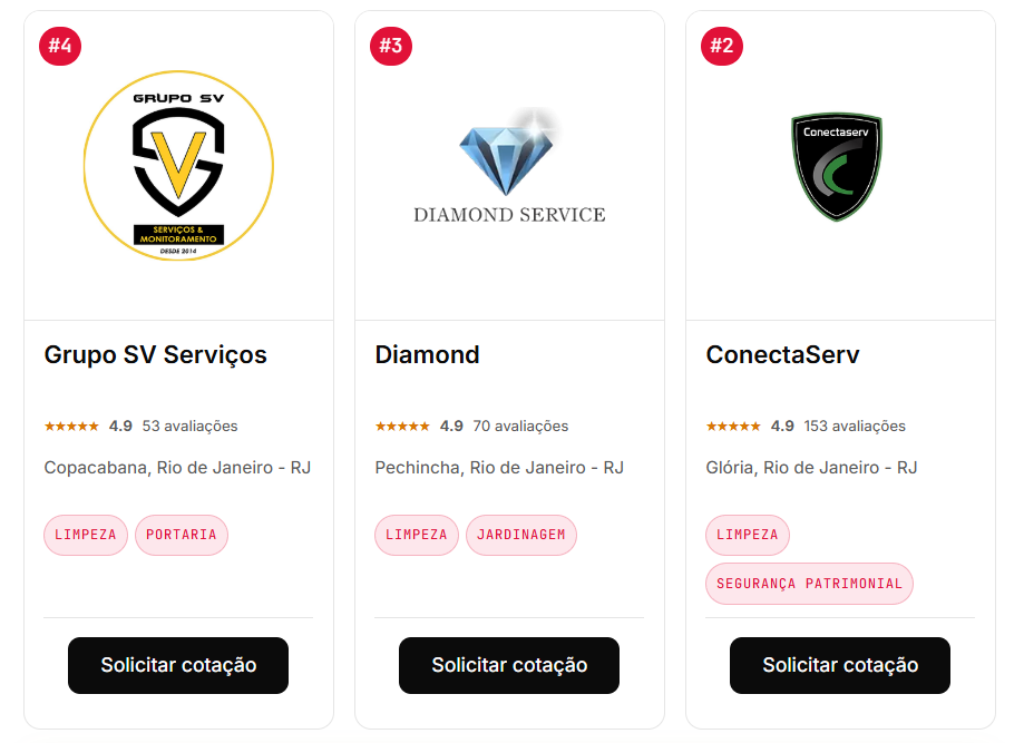 Imagem com 3 logos de fornecedores de servi&ccedil;os terceirizados