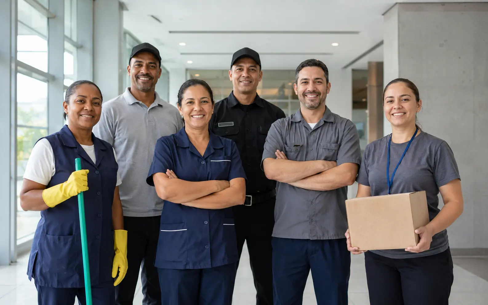 Equipe de limpeza olhando fixamente para a camera | Unifomes Azuis