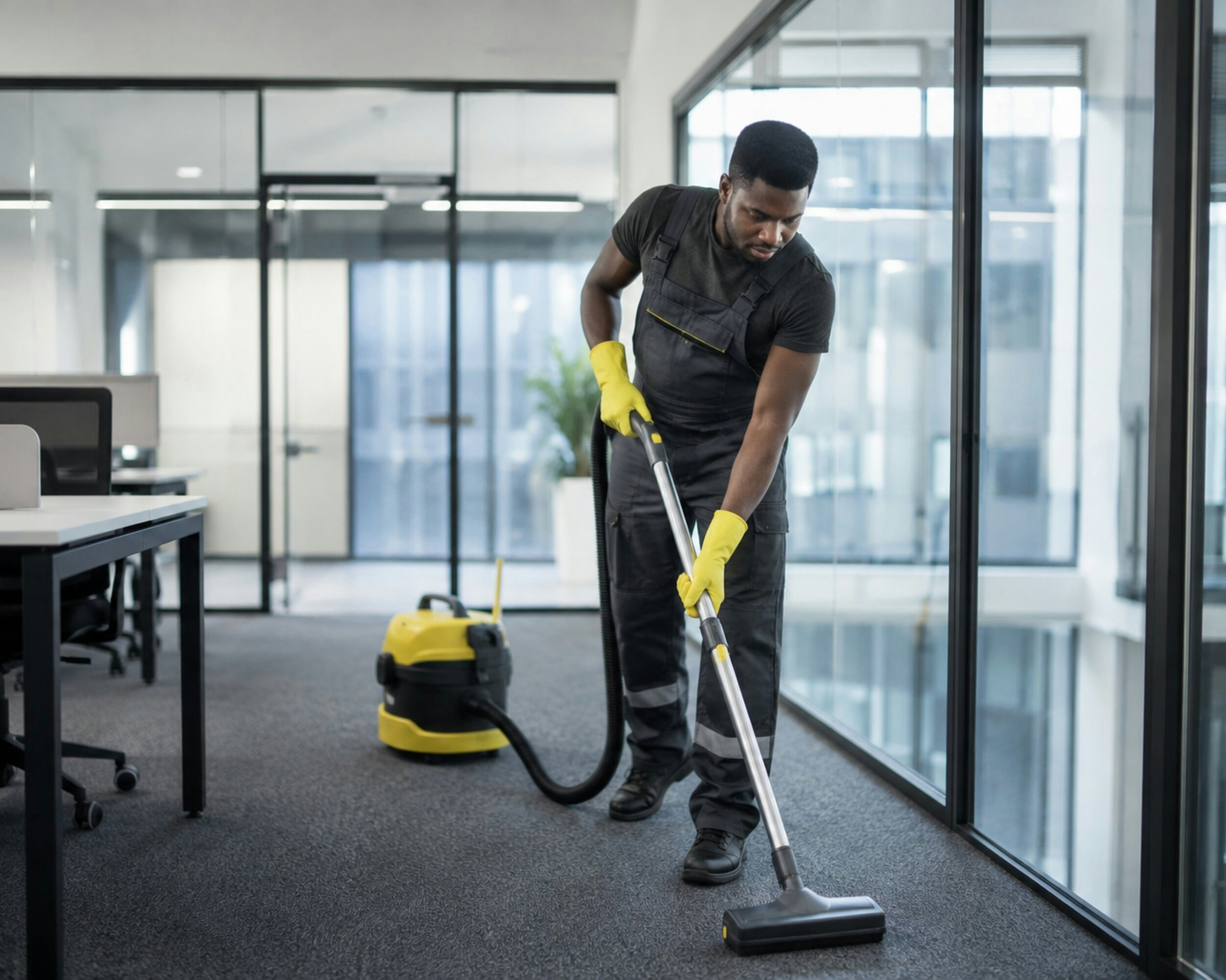 um homem de luvas amarelas aspira o chao carpetado de um escritorio