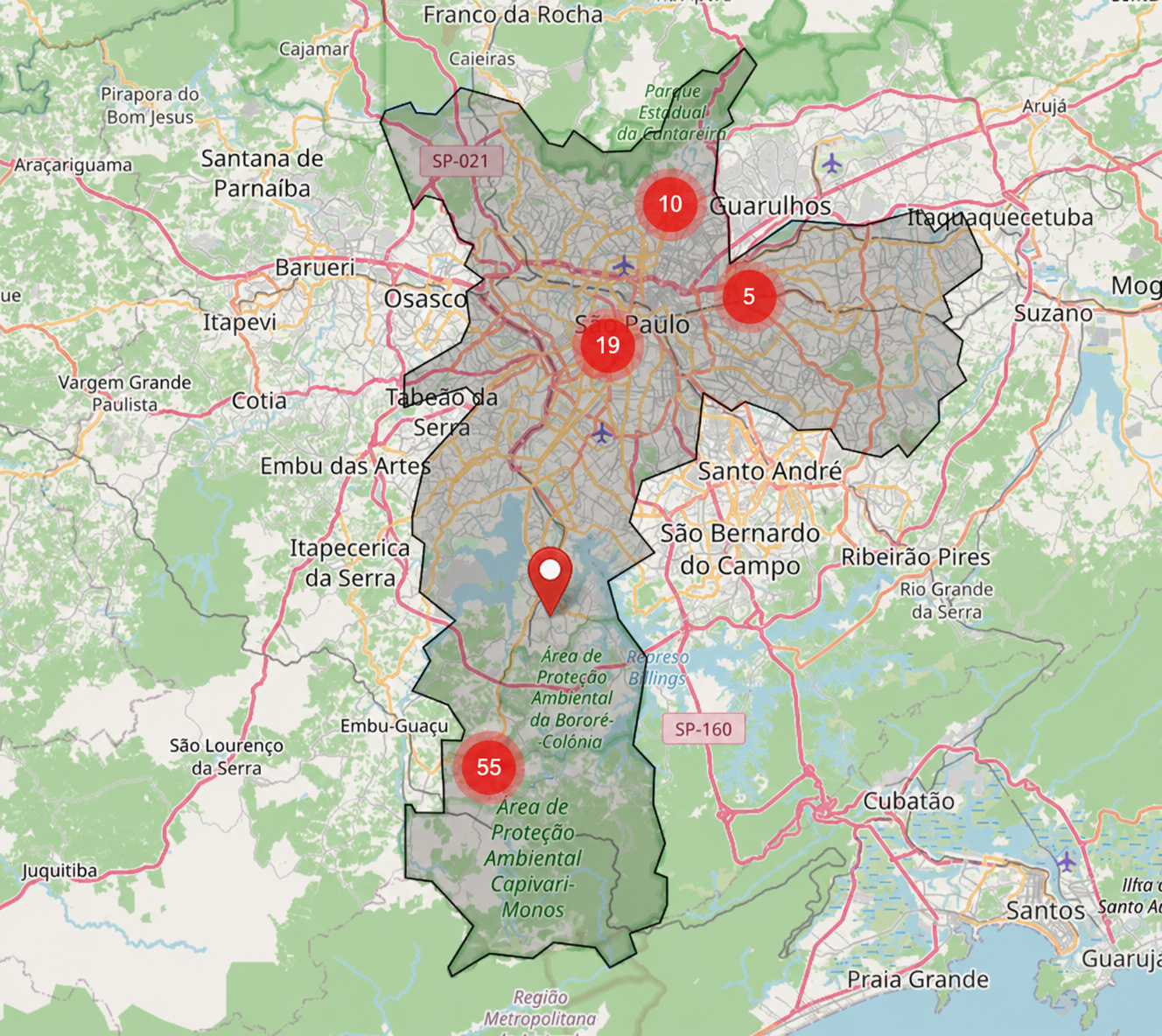 Mapa de calor da cidade de S&atilde;o Paulo. Inclu&iacute; 5 marca&ccedil;&otilde;es vermelhas sobre o volume de ocorr&ecirc;ncias